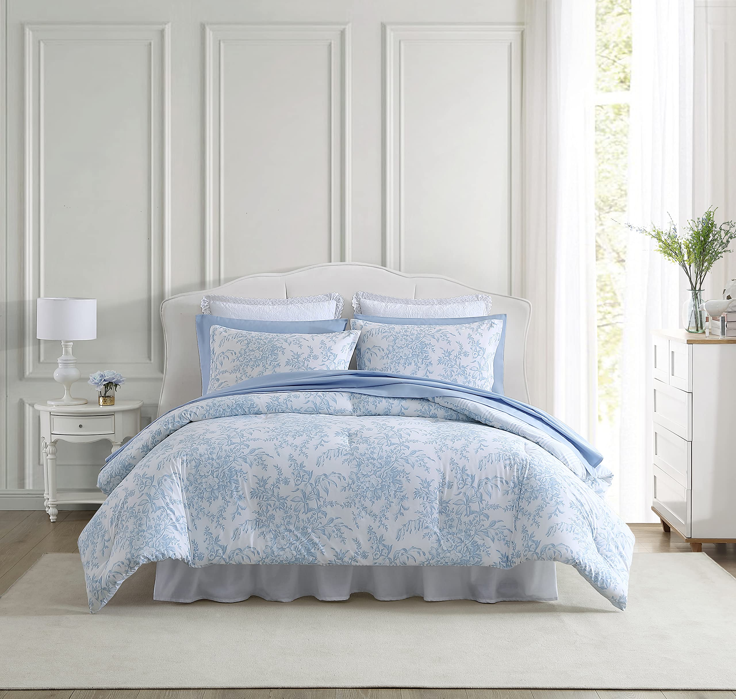 Laura Ashley- King Comforter Set, Cotton Reversible Bedding Set With Matching Sham(S), Farmhouse Home D  Cor (Bedford Blue, King